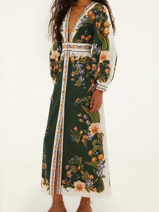 FARM Rio Dresses & Skirts - FARM Rio Green White Nature V-Neck Buttoned Floral Maxi Dress